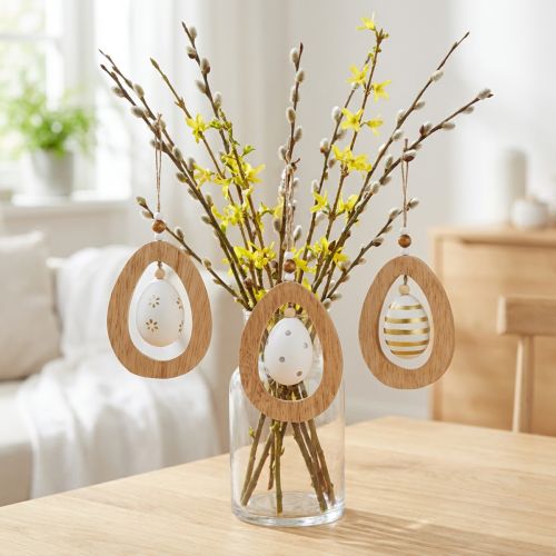 Osterei zum Aufhängen aus Kunststoff und Holz mit Muster, H12cm, 3 Stück | Floristik24.at