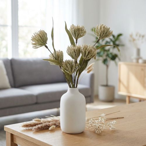 Künstliche Blume beflockt mit 6 Blüten Beige Grün 3er-Bund H38cm | Floristik24.at