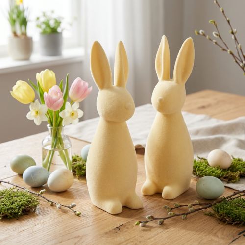 Dekofigur Osterhase Kunststoff Hellgelb Beflockt H29,5cm 2er Set | Floristik24.at