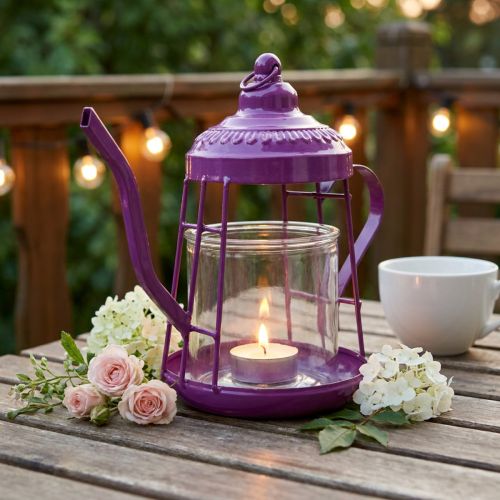 Artikel Teelichthalter Windlicht Teekanne Metall Glas Pink Ø15cm H26cm