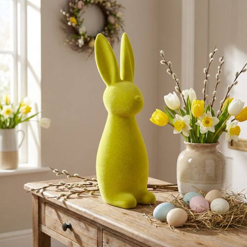 Osterhase Dekofigur beflockt Gelbgrün 47 cm stehend | Floristik24.at