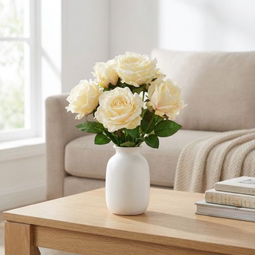 Artikel Künstlicher Rosenstrauß mit 7 Blüten, Creme-Gelb, 54 cm, Seidenstoff