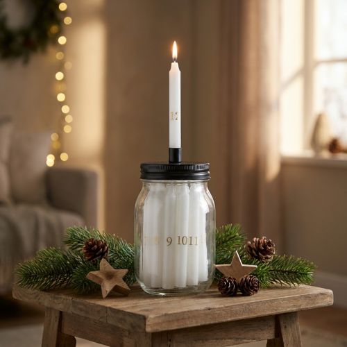 Adventskalender-Kerzenhalter aus Glas mit 24 weißen Stabkerzen, 14,5 cm hoch | Floristik24.at
