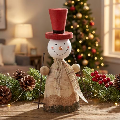 Schneemann Holzfigur mit rotem Hut 20,5 cm