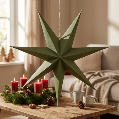 Deko-Stern aus Papier und Jute, 75 cm, Grün, für hängende Weihnachtsdekoration | Floristik24.at