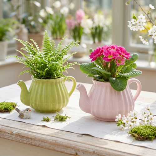 Keramik Übertopf Teekanne Rosa