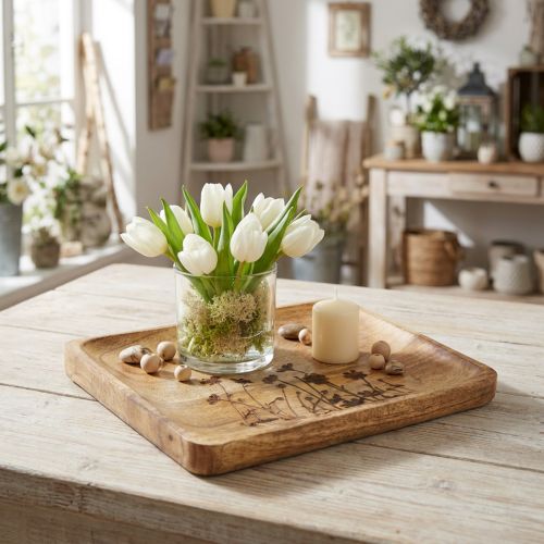 Artikel Dekotablett aus Mangoholz mit Blumenmuster 25×20 cm