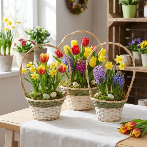 Artikel Blumenkorb Set aus Holzgeflecht mit Henkel, Weiß Grün Grau, Ø18–26 cm, 3-teilig