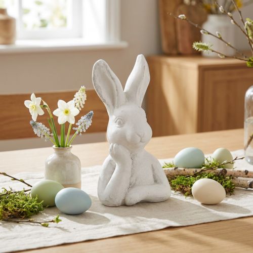 Osterhase Figur aus Kunststein Denkend Weiß 11×9×20,5 cm für Innenbereich | Floristik24.at