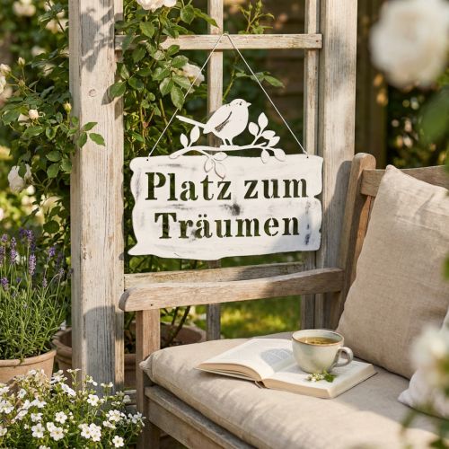 Metall-Schriftzug zum Hängen in Weiß-Silber mit Vogelmotiv, ca. 38cm | Floristik24.at