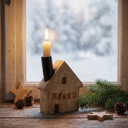 Deko-Haus aus Mangoholz mit Kerzenhalter in Schwarz, 10,5 × 3,5 × 13 cm | Floristik24.at