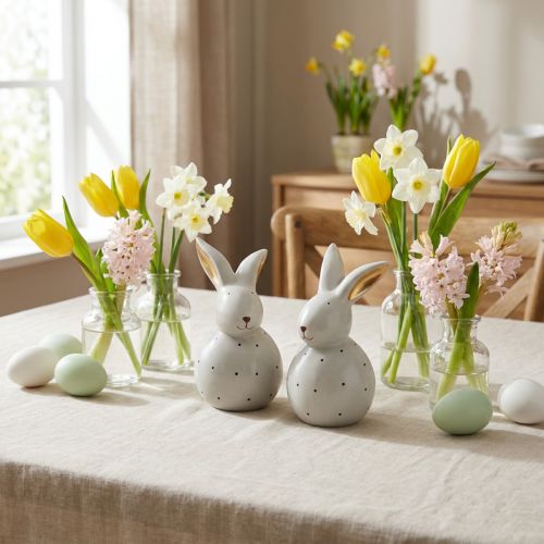 Osterhasen Deko-Figuren aus Keramik, 13 cm, grau mit Punktmuster, 2er-Set | Floristik24.at