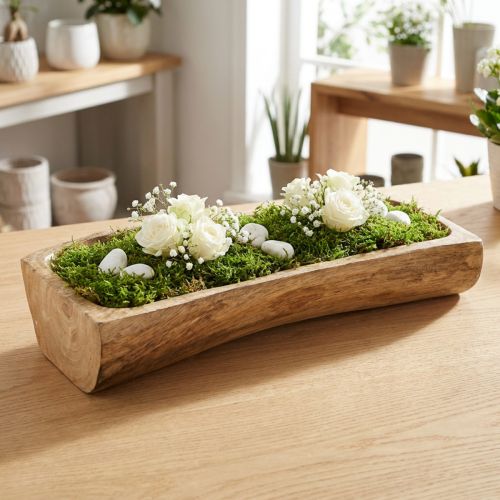 Rechteckige Dekoschale aus Mangoholz Natur mit Mulde 40×13–16×6,5cm | Floristik24.at