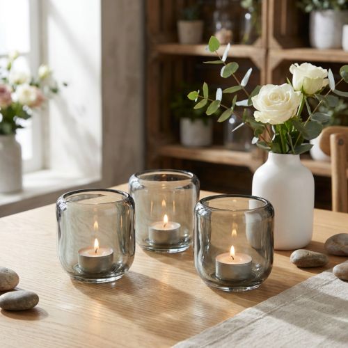 Teelichthalter Glas Grau 8cm mit Rillenstruktur im 6er-Set | Floristik24.at