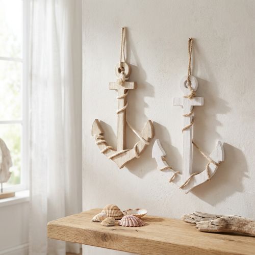 Holz-Anker zum Hängen Weiß und Natur 13,5×20 cm 2er-Set | Floristik24.at