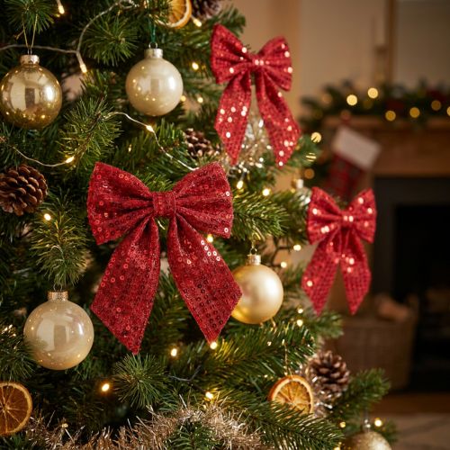 Artikel Rote Geschenkschleifen aus Samt mit Pailletten 12 cm 4 Stück