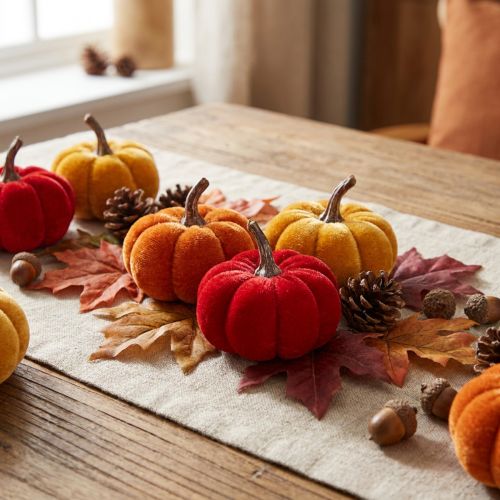 Artikel Deko Kürbis Set aus Samt in Rot, Orange und Gelb, 5cm, 12 Stück