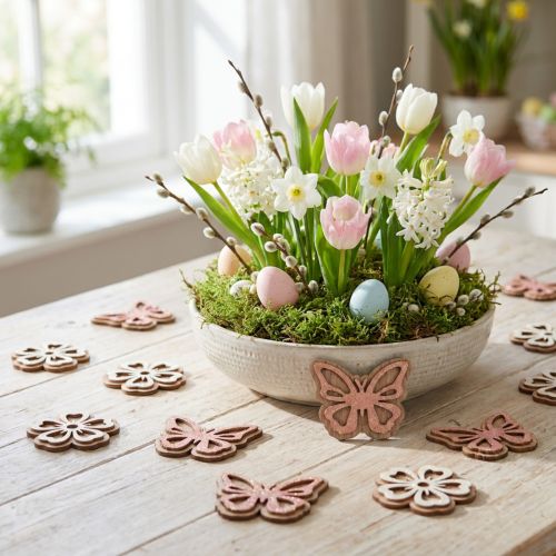 Streudeko Holz Schmetterlinge und Blumen Ø4cm Weiß Rosa Glitter 36-teilig | Floristik24.at