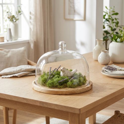 Glasglocke mit Holzteller rund Ø 22 cm H 16,5 cm
