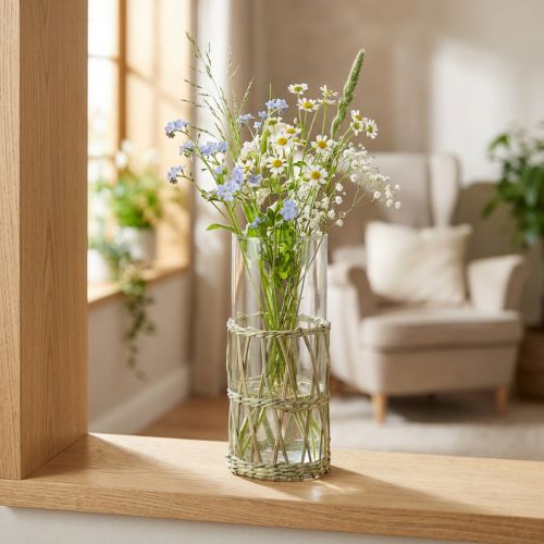 Artikel Glasvase mit geflochtenen Gräsern, Zylinder, Ø 8 cm, H 21,5 cm, klar/Natur