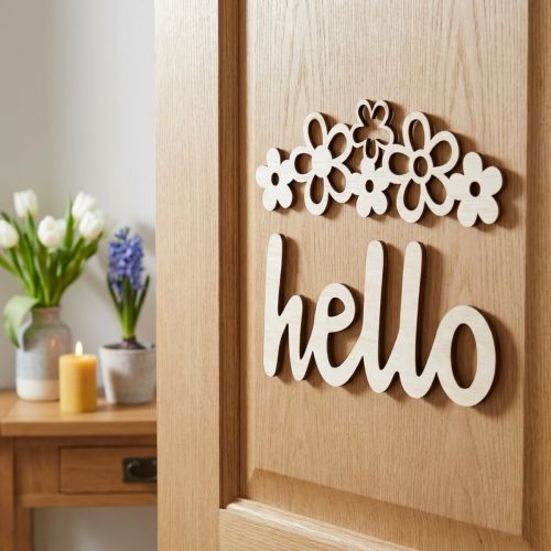 Holz-Dekoschilder mit Blumenmotiv und „Hello“-Schriftzug, Natur, 18/19,5 cm, 6-teilig | Floristik24.at