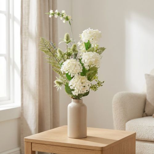 Künstlicher Blumenstrauß Schneeball, Wilde Karde, Farn 65cm Weiß-Grün | Floristik24.at