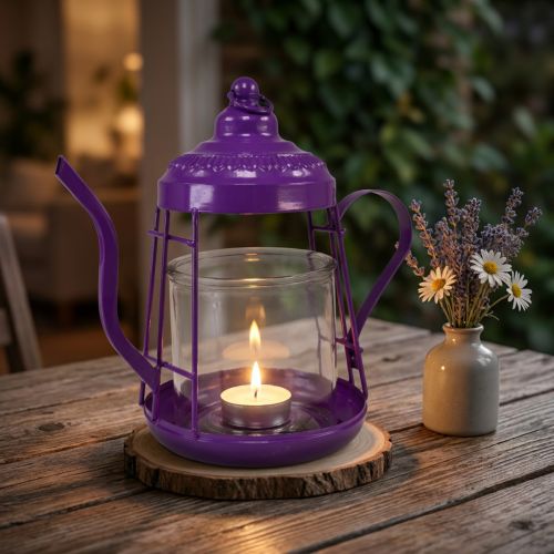 Teelichthalter Glas Windlicht Teekanne Lila Metall Ø15cm H26cm | Floristik24.at