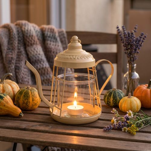 Windlicht Teekanne aus Metall mit Glaseinsatz Orange Ø15cm H26cm | Floristik24.at