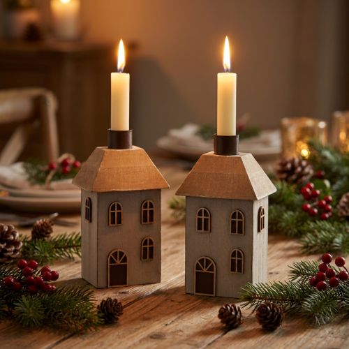 Kerzenhalter aus MDF-Holz Hausdesign für Stabkerzen 14,5cm 2-teilig | Floristik24.at