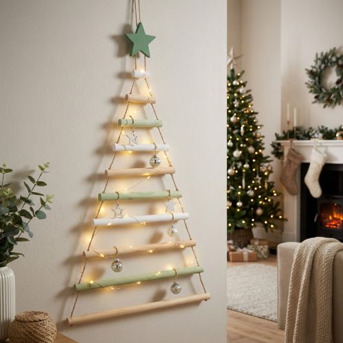 Artikel Hängender Weihnachtsbaum aus Holz mit Stern in Grün, H59cm