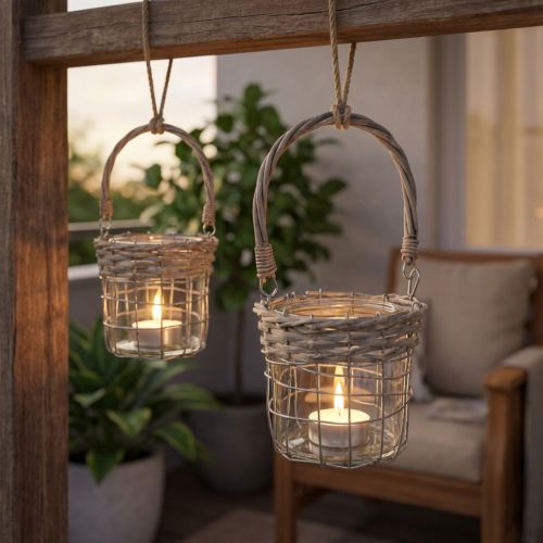 Artikel Windlicht Hängedeko Metall, Glas und Weide Ø13 cm, H12 cm, 2 Stück