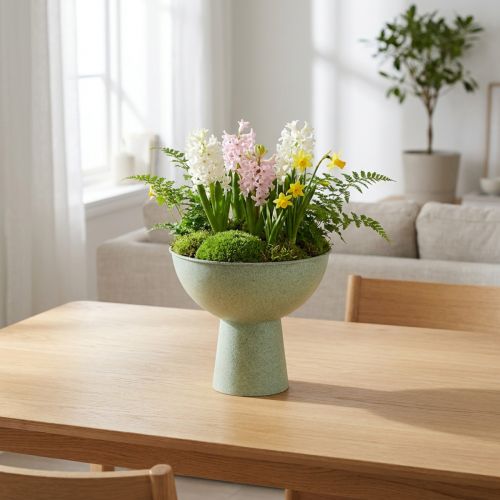 Dekoschale mit Standfuß für Pflanzen 25 cm, Metall, grau-grüne Granitoptik | Floristik24.at