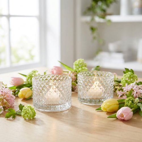 Glasschale Teelichthalter Rautenmuster Klar Ø10,5 cm 2er-Set | Floristik24.at