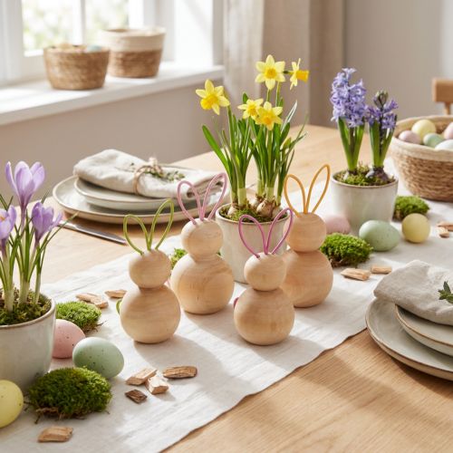 Artikel Holz Osterhase Dekofigur mit Drahtohren 11cm Naturfarben 4er-Set