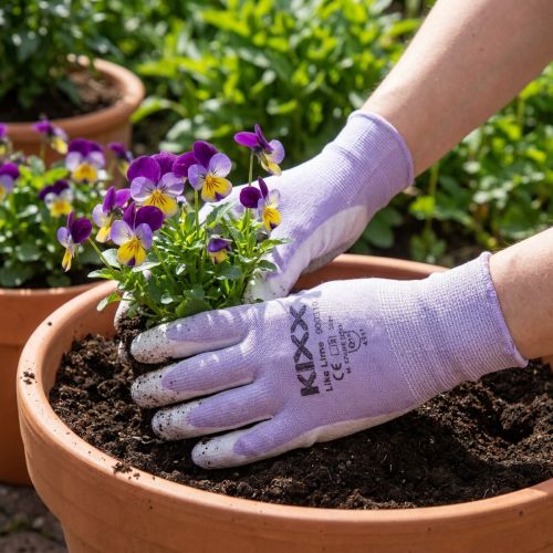 Artikel Kixx Gartenhandschuhe Nylon Gr. 8 Weiß-Flieder für Garteneinsatz