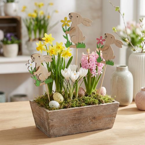 Blumenstecker Hase aus Holz 8cm Naturfarben Motiv Blume 12er Set | Floristik24.at