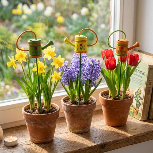 Blumenstecker aus Holz Gießkanne Grün, Gelb, Orange 7,5 x 5,9 cm H30,5 cm 12 Stück sortiert | Floristik24.at