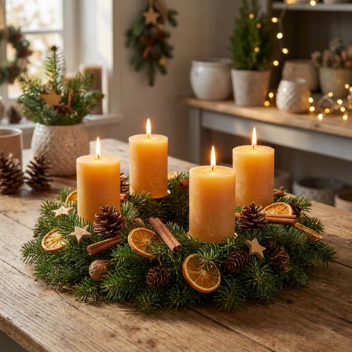 Durchgefärbte Stumpenkerzen aus Wachs Honig 70x80mm 4er-Set Adventsdeko | Floristik24.at