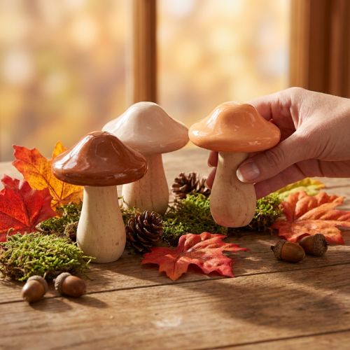 Deko-Pilze aus Holz, lackiert, Ø 7,5 cm, H 10 cm, Braun/Beige/Orange, 3 Stück | Floristik24.at