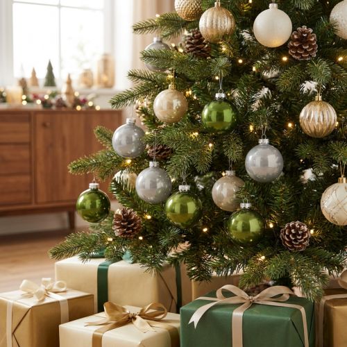 Weihnachtskugeln aus Glas in Olivgrün und Silbergrau, Ø 60 mm, 24 Stück | Floristik24.at