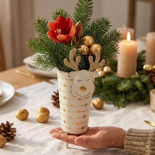 Rentier-Pflanztopf aus Metall, Adventsdeko, Weiß-Gold, H28cm, Ø8,5cm | Floristik24.at