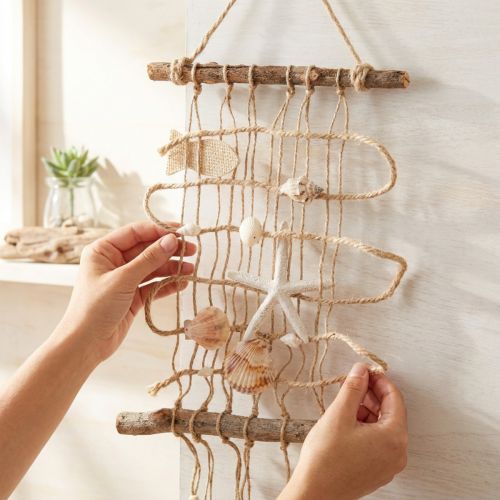 Fischernetz aus Jute mit Muscheln und Seestern zur Wanddekoration 25×55 cm Beige | Floristik24.at