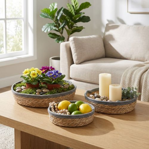 Rundes Korbtablett-Set aus Schilf, Naturfarben, 3er-Set Ø33/30/25cm H8/7cm | Floristik24.at