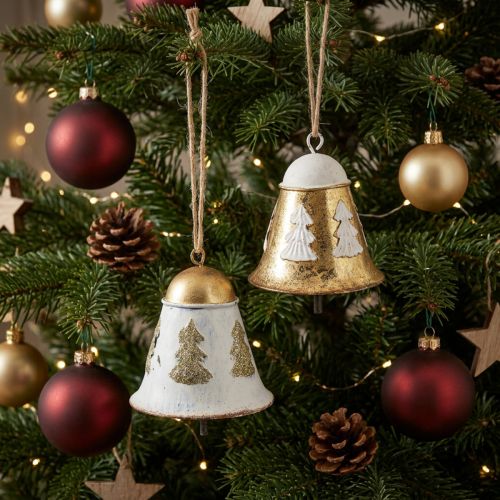 Weihnachtsglocken aus Metall Gold und Weiß mit Tannenmotiv 2 Stück 7,5cm | Floristik24.at