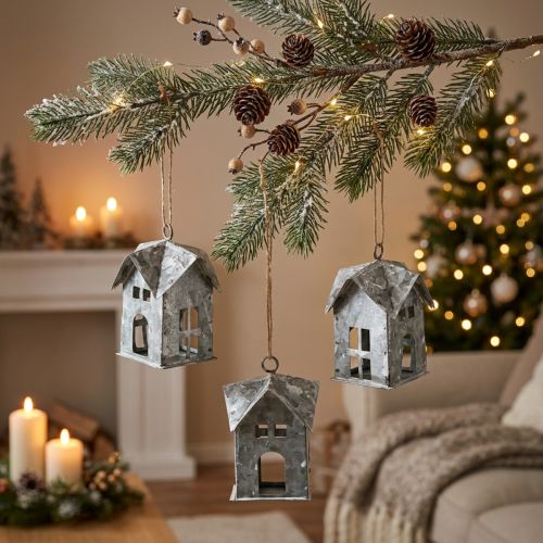 Weihnachtsanhänger aus Metall in Hausform, Shabby Chic, 9,5 cm, Weiß, 3 Stück | Floristik24.at