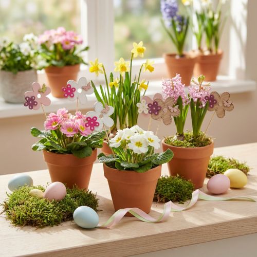 Blumenstecker Holz Ø10 cm mit Schmetterling und Blüte, 12 Stück, Sortiert | Floristik24.at
