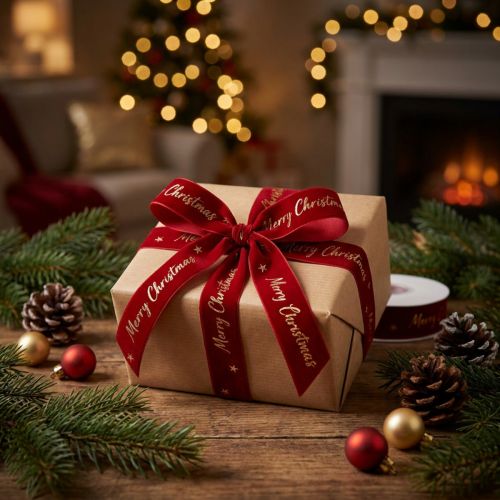 Geschenkband Samtband Polyester Rot mit Aufdruck Merry Christmas 25mm x 20m | Floristik24.at