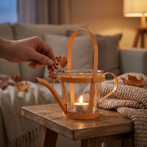 Windlicht Glas mit Metallrahmen Gießkanne Orange Ø14cm H13cm | Floristik24.at