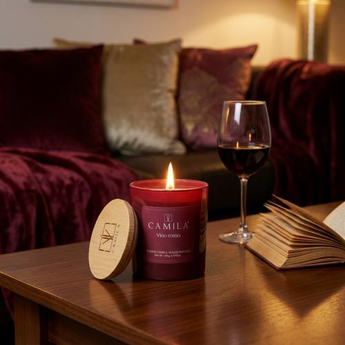 Artikel Duftkerze im Glas mit Holzdeckel Rotwein-Duft Ø7,5cm H8cm