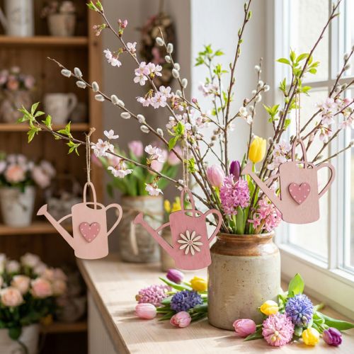 Hängedekoration Gießkannen Holz Rosa 14x12cm 6er-Set | Floristik24.at